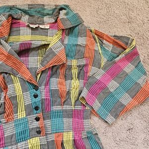 Vintage Starina Dress Size M multi-colored plaid buttondown front Cinched Waist